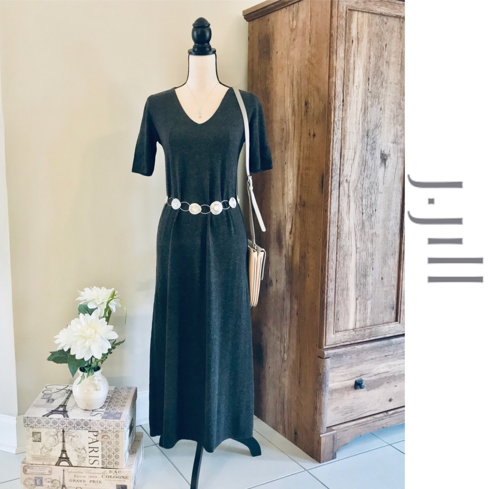 J.JILL Wool Long V-Neck Maxi Pleated Dress - Gray